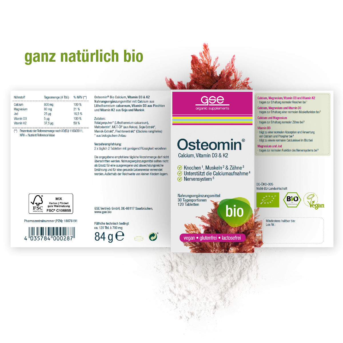 Osteomin® (Bio) von gse.organic.supplements hat eine Verpackung mit grünem Akzent und Algenmotiv. Das vegane, gluten- und laktosefreie Etikett hebt Calcium & Vitamin D3 für starke Knochen sowie natürliche, biologische und bio-zertifizierte Inhaltsstoffe hervor.