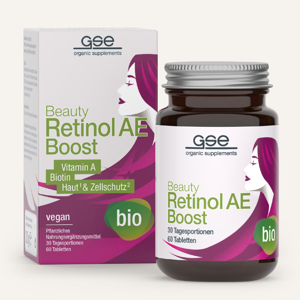 Eine Schachtel und eine Flasche gse.organic.supplements Beauty Retinol-AE Boost (Bio) mit 60 veganen Tabletten, Vitamin A und Biotin; die Verpackung zeigt ein stilisiertes Frauengesicht, grüne und violette Schrift und Bio/Vegan-Etiketten.