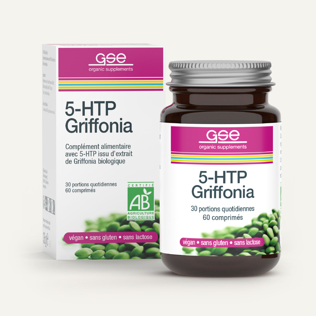 Eine Flasche und eine Schachtel „gse.organic.supplements 5-HTP Griffonia“ mit 60 Tabletten. Auf den Etiketten ist vermerkt, dass das Produkt vegan, glutenfrei und laktosefrei ist. Hergestellt aus Griffonia simplicifolia zur Unterstützung eines natürlichen Serotoninspiegels. Auf dem Bild sind außerdem grüne Samen zu sehen.