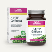 Eine Flasche und eine Schachtel „gse.organic.supplements 5-HTP Griffonia“ mit 60 Tabletten. Auf den Etiketten ist vermerkt, dass das Produkt vegan, glutenfrei und laktosefrei ist. Hergestellt aus Griffonia simplicifolia zur Unterstützung eines natürlichen Serotoninspiegels. Auf dem Bild sind außerdem grüne Samen zu sehen.
