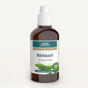 Eine braune Glasflasche mit weißem Tropfverschluss mit der Aufschrift „Bärlauch-Extrakt (Bio)“ von gse.organic.supplements, mit Bärlauchbildern und veganen, glutenfreien und laktosefreien Symbolen – perfekt für Entschlackungskuren.