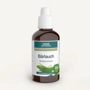Eine braune Glasflasche mit weißem Tropfverschluss und der Aufschrift „Bärlauch-Extrakt (Bio)“ von gse.organic.supplements, mit grünen Akzenten, Bärlauch-Motiven und veganen, glutenfreien und laktosefreien Symbolen – perfekt für Entschlackungskuren.