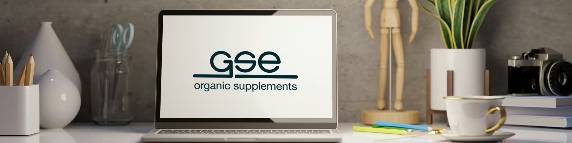 Auf einem Schreibtisch steht ein Laptop mit dem Logo von GSE Organic Supplements. Um den Laptop herum befinden sich eine Tasse mit Untertasse, eine Kamera, eine Topfpflanze, eine hölzerne Schaufensterpuppe und weitere Schreibtischaccessoires.