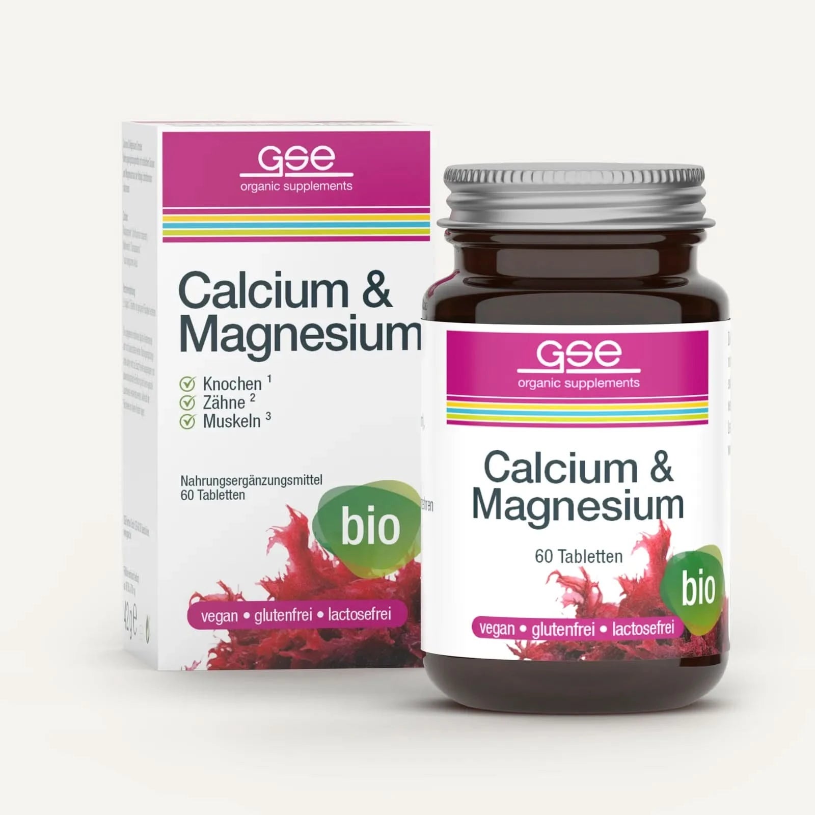 Eine Flasche und eine Schachtel Calcium- und Magnesiumkomplex (Bio) von gse.organic.supplements, 60 vegane, glutenfreie, laktosefreie Tabletten, mit Bildern von roten Algen und einem Bio-Label.