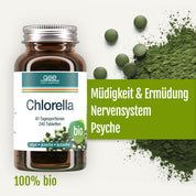 Hier ist ein umformulierter Satz unter Verwendung Ihrer Produktdaten: Eine Flasche „gse.organic.supplements Chlorella (Bio)“ wird abgebildet, daneben liegen grünes Pulver und Tabletten. Der Text hebt die Vorteile des Produkts hervor: Es wirkt gegen Müdigkeit und unterstützt das Nervensystem sowie die Psyche – dank Vitamin B12. Die Etiketten zeigen, dass es ideal für die vegane Ernährung ist, glutenfrei und laktosefrei ist sowie zu 100 % aus biologischem Anbau stammt.