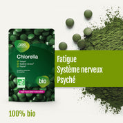 Neben verstreuten Tabletten und Pulver steht eine grüne Packung „gse.organic.supplements Chlorella (Bio)“. Der Text hebt die Vorteile bei der Verringerung von Müdigkeit, der Unterstützung des Nervensystems und der Förderung des psychischen Wohlbefindens hervor. Das Produkt ist reich an Vitamin B12 und eignet sich ideal für eine vegane Ernährung. 100 % biologisch, vegan, glutenfrei und laktosefrei.