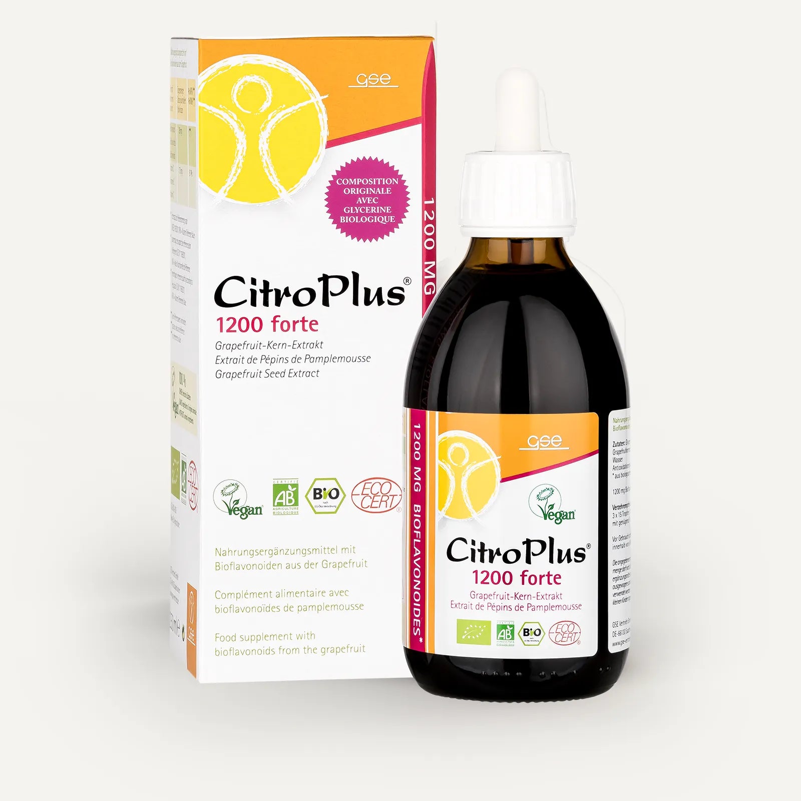 Neben der Verpackung ist eine Flasche CitroPlus® 1200 forte (Bio) von gse.organic.supplements mit einer Pipette abgebildet. Beide sind mit gelben, weißen und orangefarbenen Etiketten versehen, auf denen Bioflavonoide, Zertifizierungslogos und Produktdetails hervorgehoben sind.