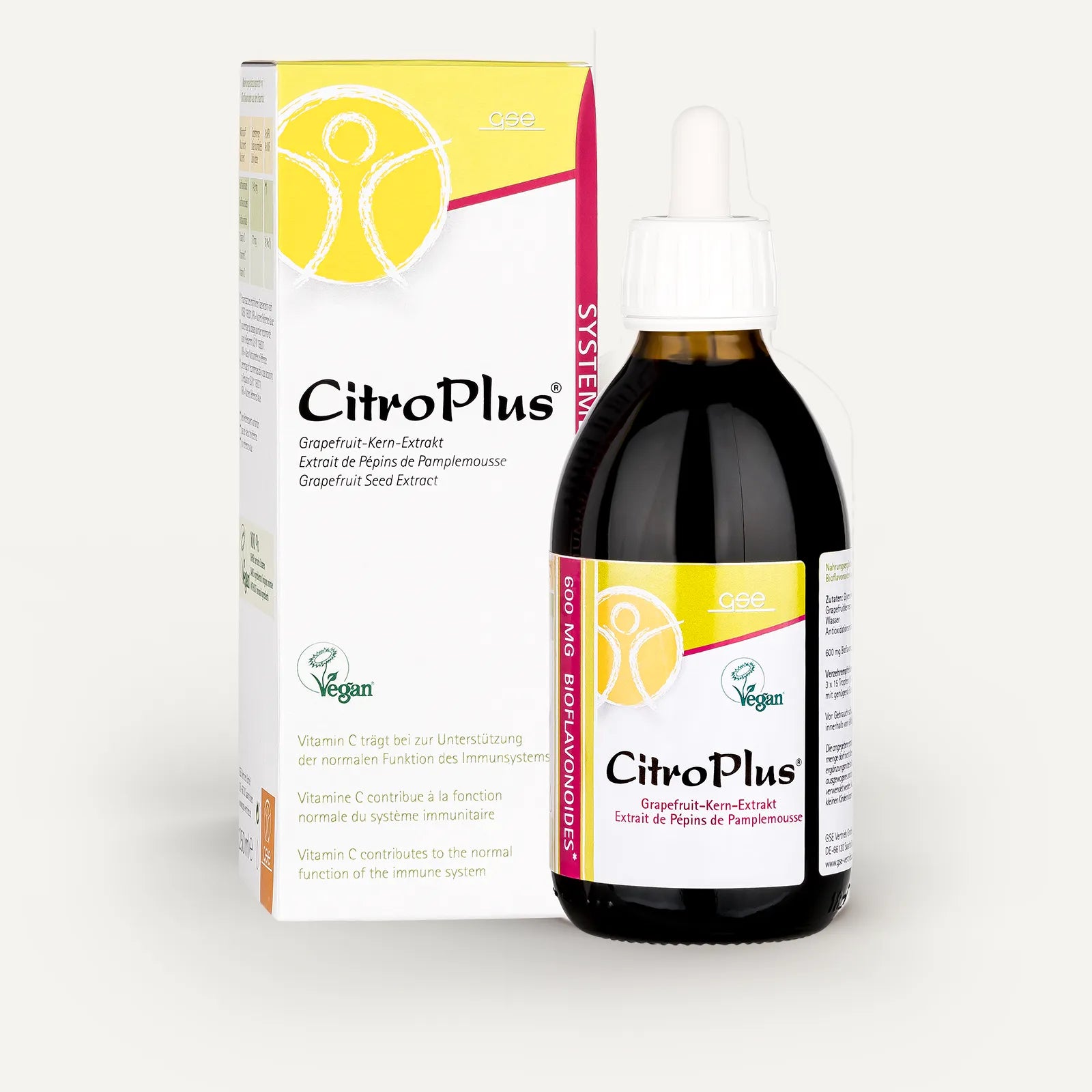 Vor der weiß-gelben Schachtel ist eine Flasche CitroPlus® - Grapefruitkern-Extrakt 600 von gse.organic.supplements mit Pipette abgebildet, auf der Produktdetails, die vegane Zertifizierung und der Gehalt an Bioflavonoiden angegeben sind.