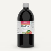 Eine dunkle Flasche CitroPlus® 800 (Bio) von gse.organic.supplements mit rosa-weißem Etikett mit Grapefruits und grünem Bio-Symbol enthält 1000 ml Bio-Grapefruitkernextrakt mit pflanzlichen Bioflavonoiden.