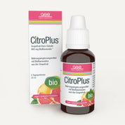 Eine braune Glasflasche CitroPlus® 800 (Bio) von gse.organic.supplements mit weißem Tropfverschluss steht vor ihrer Schachtel, die Grapefruitbilder, grüne Bio-Etiketten und einen deutschen Text über pflanzliche Bioflavonoide aus Grapefruit-Extrakt zeigt.