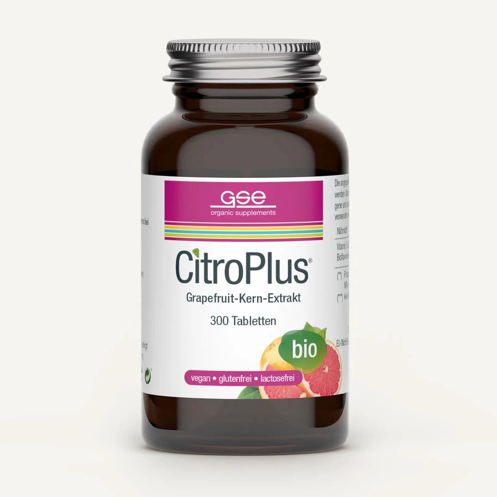 Eine braune Glasflasche mit der Aufschrift „CitroPlus® Tabletten (Bio)“ von gse.organic.supplements enthält die Symbole „Bio“, „Bioflavonoide“ und „vegan“, „glutenfrei“ und „laktosefrei“ – ideal zur Unterstützung Ihres Immunsystems.