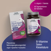 Eine Schachtel und eine Flasche gse.organic.supplements Beauty Haut, Haare, Nägel Boost (Bio) für Haut, Haare und Nägel, deren Etikett B-Vitamine, Selen, Kieselsäure und pflanzliche Mikronährstoffe angibt.
