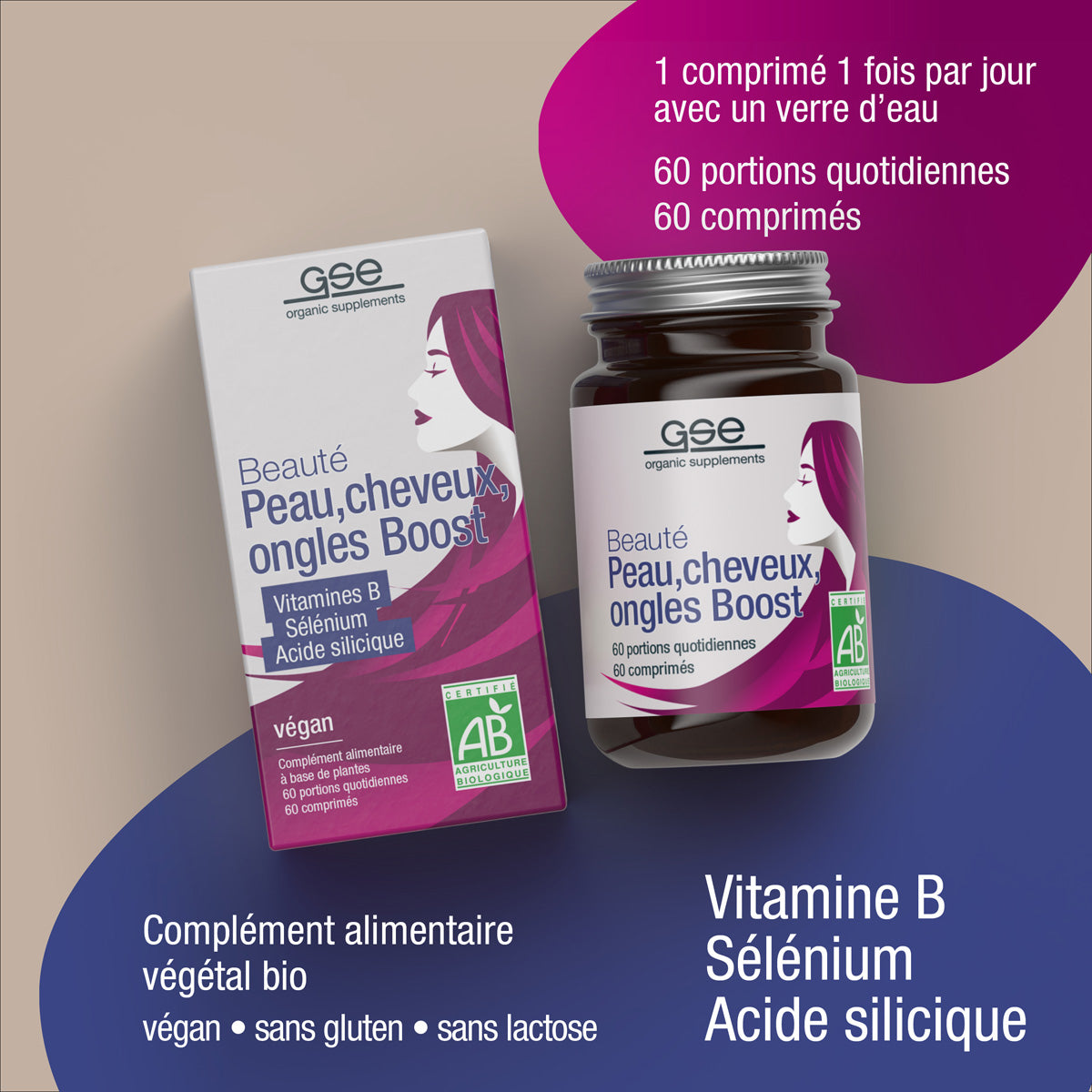 Eine Schachtel und eine Flasche Béaute peau cheveux, ongles Boost (Bio) – vegane, glutenfreie und laktosefreie Nahrungsergänzungsmittel mit B-Vitaminen, Selen und Kieselsäure, einschließlich Informationen zur täglichen Dosierung und zu den Inhaltsstoffen.