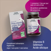 Eine Schachtel und eine Flasche Béaute peau cheveux, ongles Boost (Bio) – vegane, glutenfreie und laktosefreie Nahrungsergänzungsmittel mit B-Vitaminen, Selen und Kieselsäure, einschließlich Informationen zur täglichen Dosierung und zu den Inhaltsstoffen.