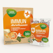 Eine Schachtel und ein Beutel Immun NutriGummies (Bio) von gse.organic.supplements mit Orangenscheibe und Gummibärchen-Motiv. Die Verpackung unterstreicht die Immununterstützung durch Vitamin C und die Reduzierung von Müdigkeit für ein starkes Immunsystem.