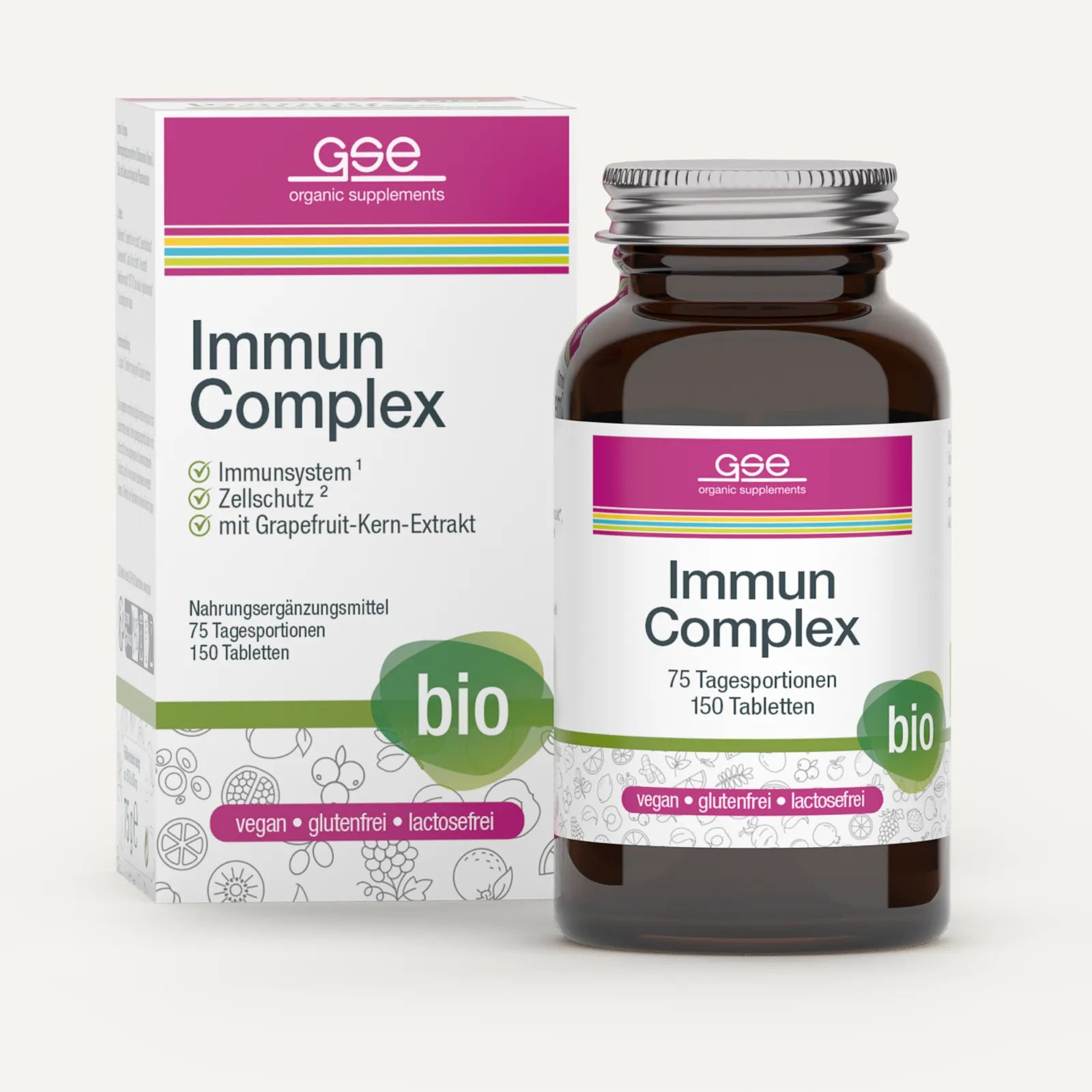 Eine braune Glasflasche und eine Schachtel gse.organic.supplements Immun Complex (Bio) mit weißer Verpackung mit rosa und grünen Akzenten, die Pflanzennährstoffe, Vitamin C sowie die Etiketten „vegan“, „glutenfrei“, „laktosefrei“ und „Bio“ hervorhebt.