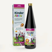Der Kinder Aktiv Complex (Bio) von gse.organic.supplements kommt in Flasche und Box mit bunten Fruchtgrafiken und verspielten Tieren, enthält B-Vitamine, pflanzliches Eisen, ist bio-zertifiziert, vegan, glutenfrei und laktosefrei.