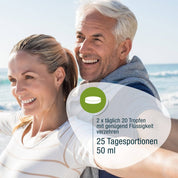 Ein lächelndes Paar mittleren Alters steht zusammen an einem sonnigen Strand. Overlay-Text in deutscher Sprache gibt die Dosierung für gse.organic.supplements Koriander-Extrakt (Bio) an: 2 x täglich 20 Tropfen mit Flüssigkeit, ideal für Entschlackung und Ausleitung.