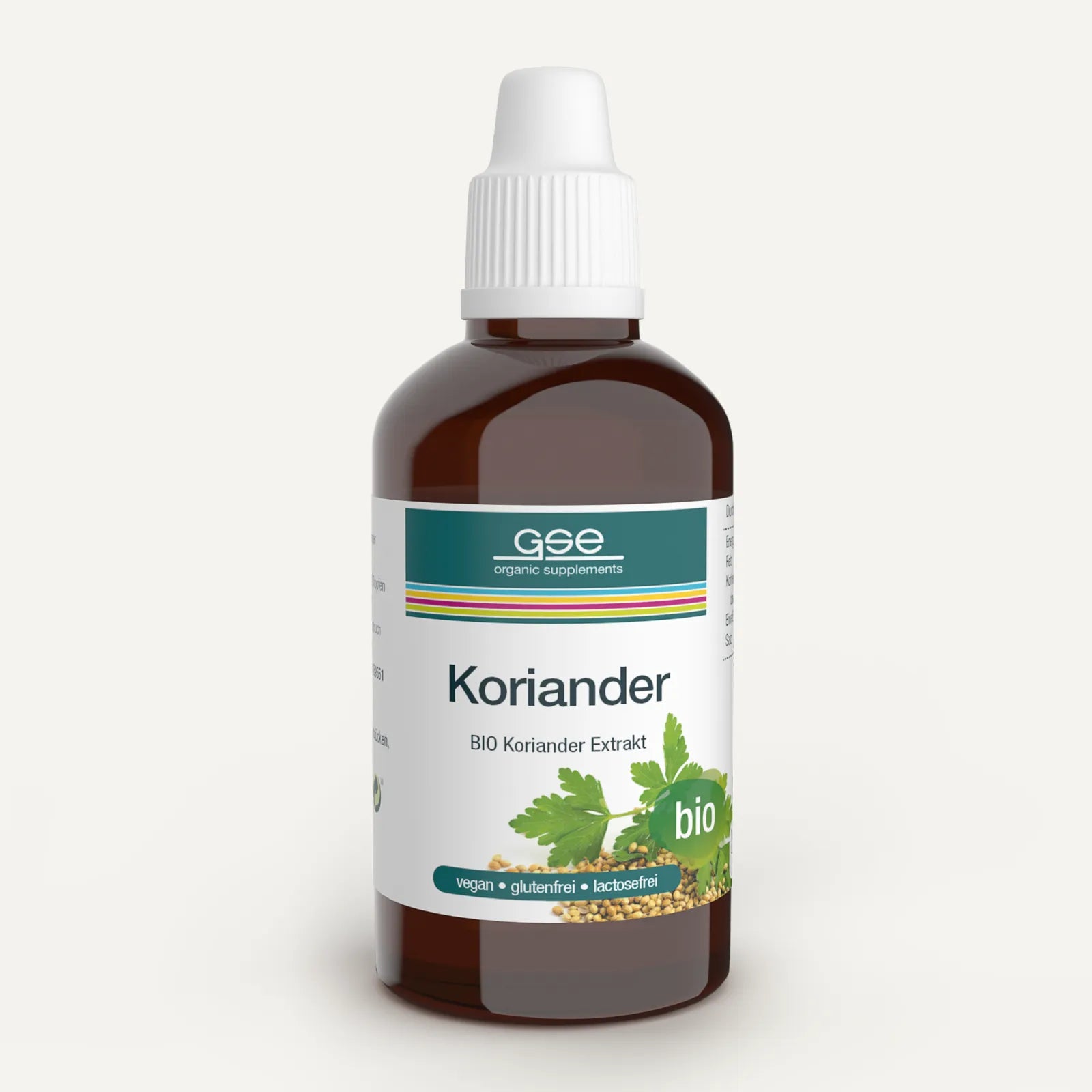 Eine braune Glasflasche mit der Aufschrift „gse.organic.supplements Koriander-Extrakt (Bio)“ und weißem Tropfverschluss. Darin sind Korianderblätter und -samen abgebildet. Ideal zur Entgiftung und Entschlackung; vegan, glutenfrei und laktosefrei.