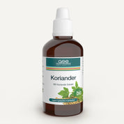 Eine braune Glasflasche mit der Aufschrift „gse.organic.supplements Koriander-Extrakt (Bio)“ und weißem Tropfverschluss. Darin sind Korianderblätter und -samen abgebildet. Ideal zur Entgiftung und Entschlackung; vegan, glutenfrei und laktosefrei.