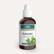 Eine Tropfflasche aus braunem Glas mit der Aufschrift „Koriander-Extrakt (Bio)“ von gse.organic.supplements, mit Blattkoriandergrafik. Vegan, glutenfrei, laktosefrei – ideal für Entschlackungs- und Ausleitungskuren.