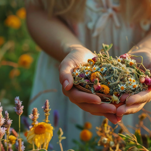 Eine Person hält eine Holzschale mit frischen Wildblumen und Kräutern und steht in einem sonnenbeschienenen Feld bunter Blumen.