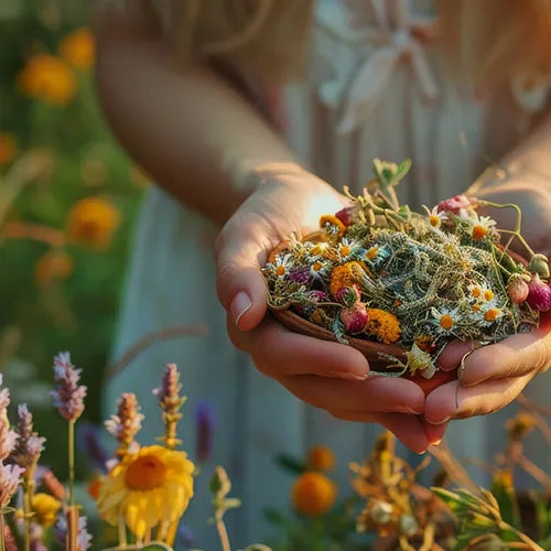 Eine Person hält eine Holzschale mit frischen Wildblumen und Kräutern und steht in einem sonnenbeschienenen Feld bunter Blumen.