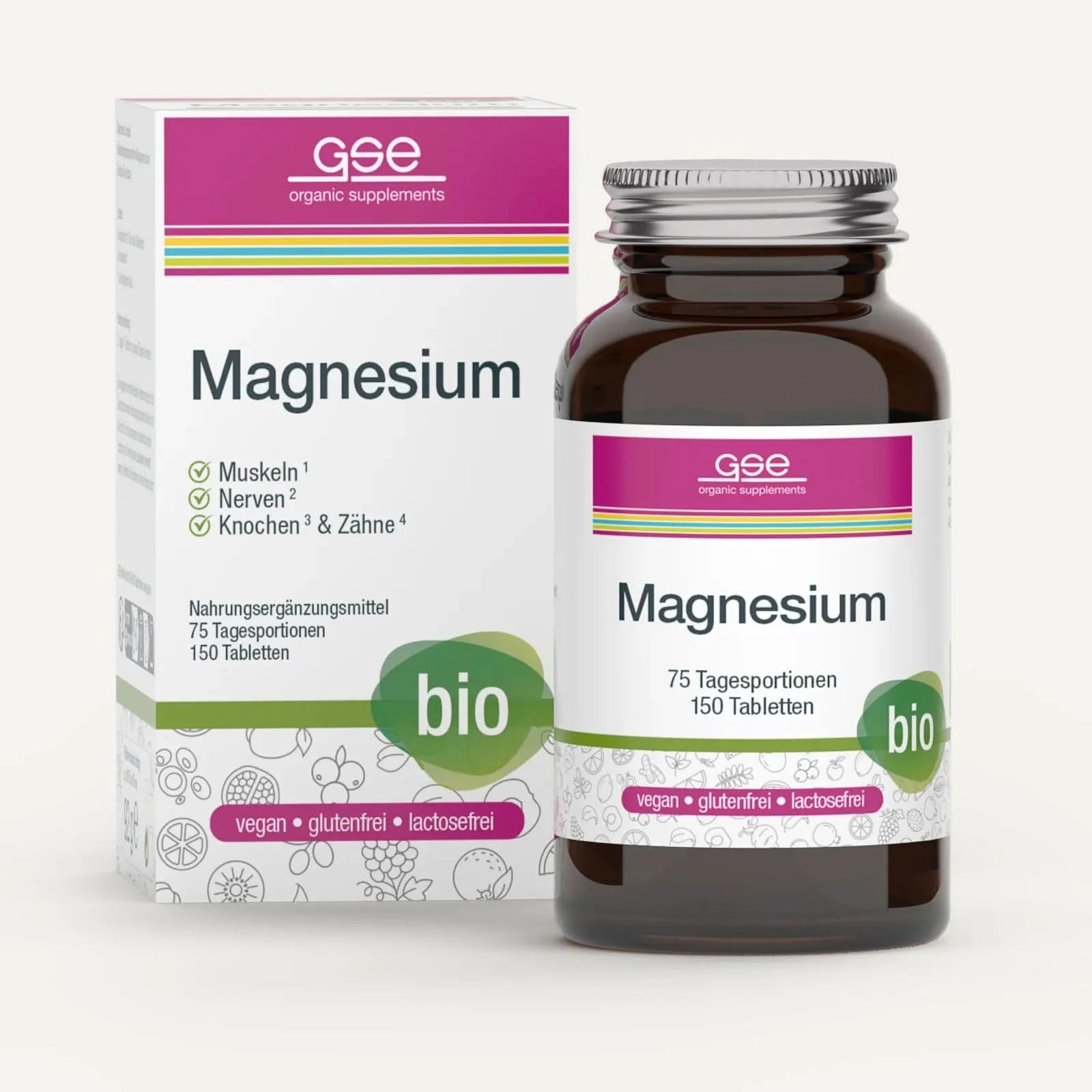Eine Flasche und eine Schachtel Magnesium (Bio) von gse.organic.supplements, bio-zertifiziert, vegan, gluten- und laktosefrei. Symbole: Muskeln & Knochen, Nerven & Zähne. Enthält 150 Tabletten für 75 Portionen.