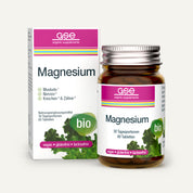 Eine Flasche und eine Packung „gse.organic.supplements Magnesium (Bio)“, die als Bio-Produkt gekennzeichnet sind, enthalten „Bio-Magnesium“, das aus Magnesium aus Grünalgen gewonnen wird. Die Verpackung hebt die Vorteile für Muskeln, Nerven, Knochen und Zähne hervor, wobei Symbole darauf hinweisen, dass das Produkt vegan, glutenfrei und laktosefrei ist. Grafiken mit grünem Laub unterstreichen das natürliche Magnesium in jeder Portion.