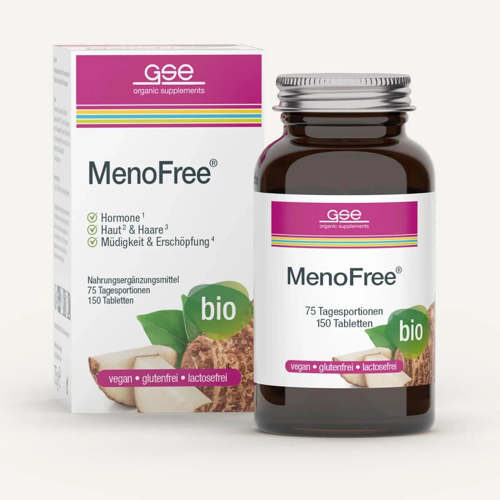 Eine Flasche und Schachtel MenoFree (Bio) von gse.organic.supplements, gekennzeichnet als vegan, glutenfrei, laktosefrei; unterstützt den Hormon- und Energiestoffwechsel während der Wechseljahre, plus B-Vitamine für Haut, Haare und reduzierte Müdigkeit.