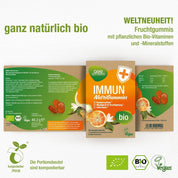 Die Verpackung der Immun NutriGummies (Bio) von gse.organic.supplements ist mit grün-orangen Etiketten versehen und wirbt mit Vitamin C sowie biologischen, veganen, kompostierbaren und pflanzlichen Vitaminen zur Unterstützung des Immunsystems. Öko-Zertifizierungslogos sind abgebildet.