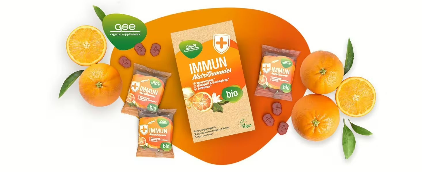 Eine Packung GSE IMMUN Bio MultiGummies ist umgeben von drei kleineren Gummibärchen-Packungen, mehreren Orangenscheiben, ganzen Orangen mit Blättern und roten Gummibärchen auf einem orangefarbenen Hintergrund mit Farbverlauf.