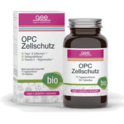 Eine braune Glasflasche und eine Schachtel mit der Aufschrift „OPC Zellschutz Complex (Bio)“ von gse.organic.supplements, ein Nahrungsergänzungsmittel mit OPC Traubenkernen und Flavonoiden-Polyphenolen. Auf der Verpackung steht, dass es bio, vegan, glutenfrei und laktosefrei ist, mit rosa und grünen Akzenten.