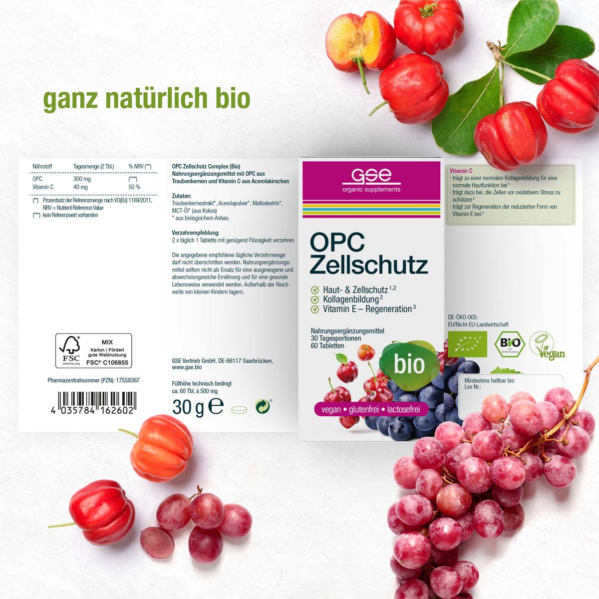 Das Produktlabel für OPC Zellschutz Complex (Bio) von gse.organic.supplements mit Trauben und Acerolakirschen hebt seine biologische, vegane, glutenfreie, laktosefreie Formel mit OPC-Traubenkernen und Acerola-Vitamin C hervor.