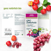 Das Produktlabel für OPC Zellschutz Complex (Bio) von gse.organic.supplements mit Trauben und Acerolakirschen hebt seine biologische, vegane, glutenfreie, laktosefreie Formel mit OPC-Traubenkernen und Acerola-Vitamin C hervor.