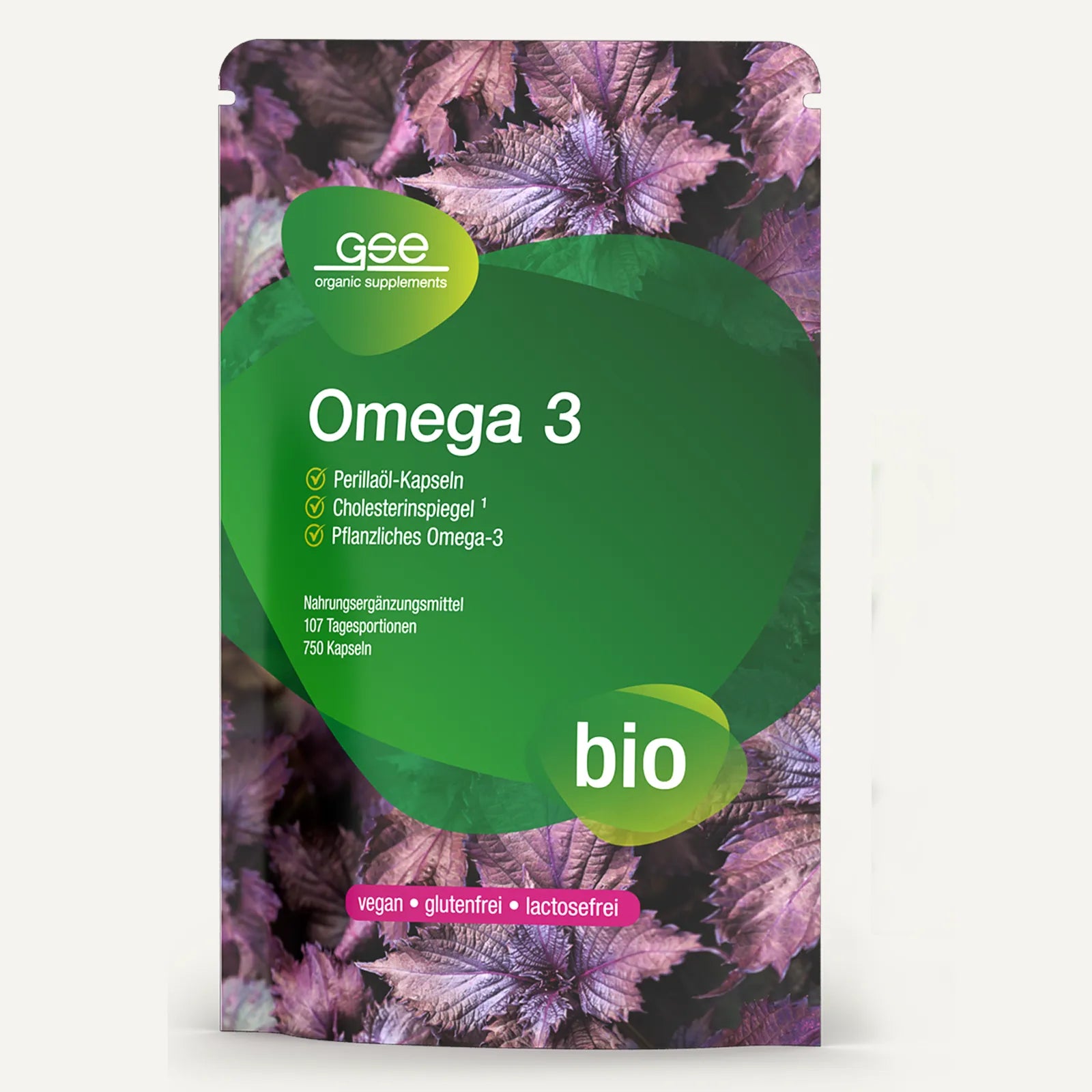 Ein grün-violetter Beutel mit gse.organic.supplements Omega 3 Perillaöl Kapseln (Bio), vegan, glutenfrei, laktosefrei. Pflanzliche Lebensweise und Alpha-Linolensäure (ALA) aus Bio-Omega-3-Perillaöl.