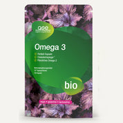 Ein grün-violetter Beutel mit gse.organic.supplements Omega 3 Perillaöl Kapseln (Bio), vegan, glutenfrei, laktosefrei. Pflanzliche Lebensweise und Alpha-Linolensäure (ALA) aus Bio-Omega-3-Perillaöl.