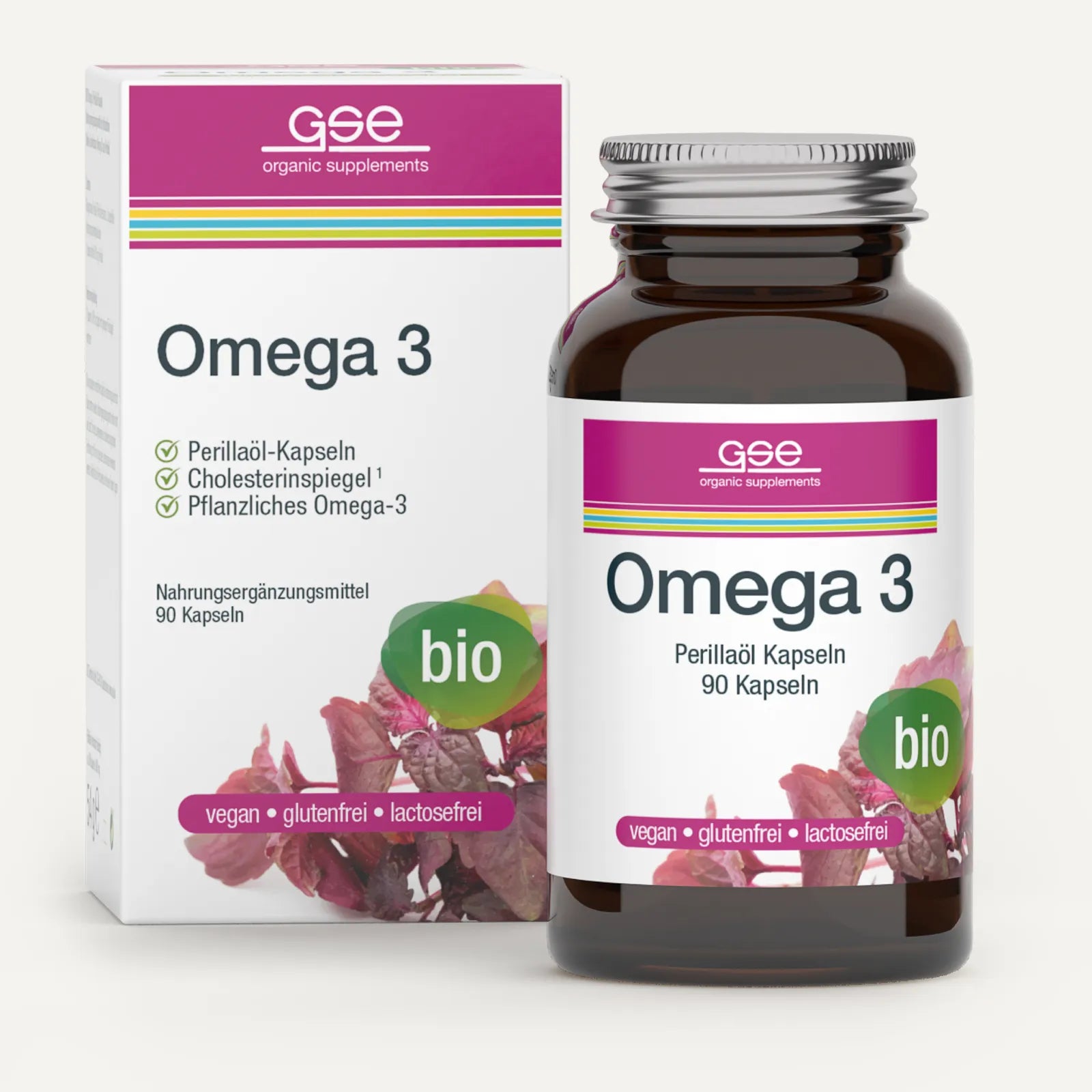 Eine Flasche und Schachtel Omega-3-Perillaöl-Kapseln (Bio) von gse.organic.supplements mit veganen, glutenfreien, laktosefreien Kapseln mit Alpha-Linolensäure (ALA) und rosa-grünen Akzenten mit einem rötlichen Seetangbild am Boden.