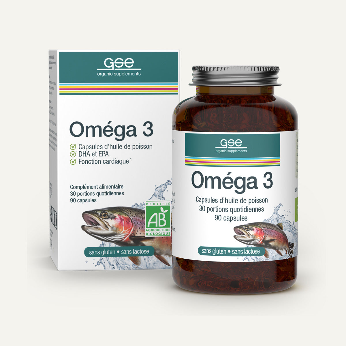 Eine Flasche und eine Schachtel „gse.organic.supplements Oméga 3 Huille de poisson (Bio)“ mit französischem Text, einer Fischillustration und Etiketten mit grünen Akzenten. Die Verpackung hebt die Vorteile von DHA und EPA hervor und betont, dass diese Bio-Omega-3-Kapseln gluten- und laktosefrei sind.
