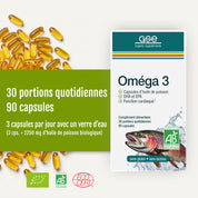 Eine Packung „Oméga 3 Huile de poisson (Bio)“ von gse.organic.supplements ist abgebildet, mit französischem Text, einer Fischillustration und 90 Kapseln. Das Etikett hebt 30 Tagesportionen, die Bio-Zertifizierung sowie Umweltzeichen hervor und betont die Vorteile von DHA und EPA für Ihr Wohlbefinden.