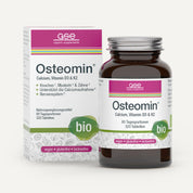 Eine Flasche und eine Schachtel Osteomin® (Bio) von gse.organic.supplements, gekennzeichnet als vegan, glutenfrei und laktosefrei. Die Verpackung weist auf Kalzium, Magnesium, Vitamin D3 und K2 hin und trägt ein grünes Bio-Etikett.