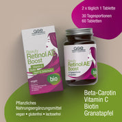 Eine Packung und eine Flasche gse.organic.supplements Béaute Retinol-AE Boost (Bio)-Kapseln, die Retinol, Biotin und Granatapfel enthalten.