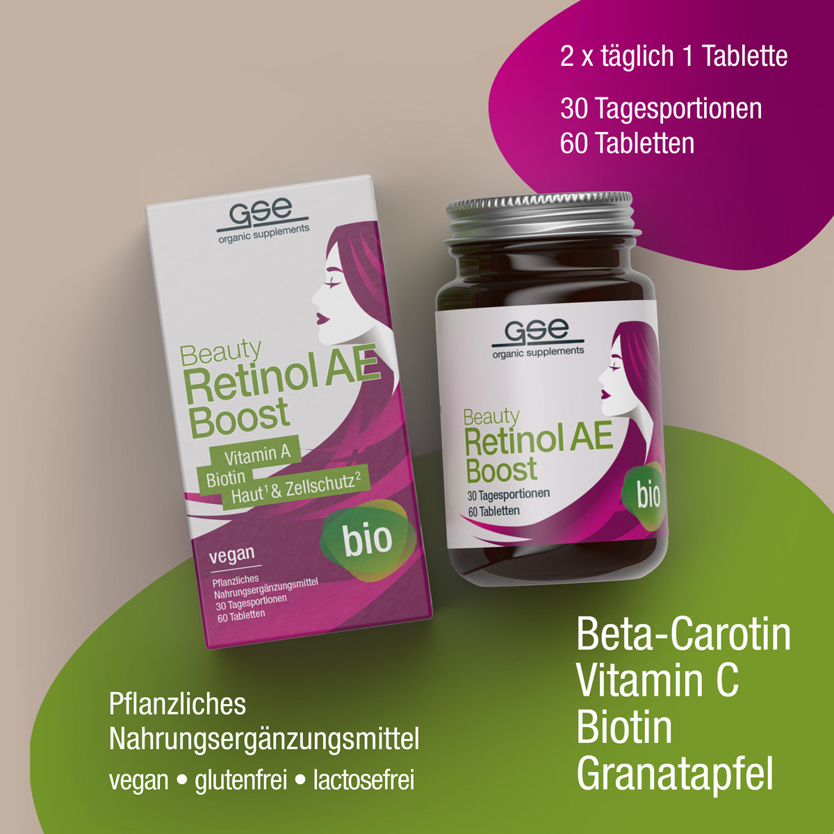Eine Beauty Retinol-AE Boost-Box von gse.organic.supplements sowie eine Flasche mit Nahrungsergänzungstabletten mit Vitamin A, Biotin und Granatapfel, darunter Inhaltsstoffe wie pflanzliches Beta-Carotin.