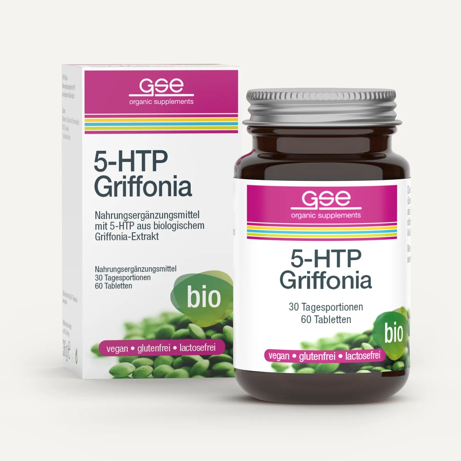 Das BIO 5-HTP Griffonia von gse.organic.supplements enthält 60 vegane, gluten- und laktosefreie Tabletten aus afrikanischer Schwarzbohne zur Unterstützung der natürlichen Serotoninproduktion, verpackt in Weiß mit grünen und violetten Akzenten.