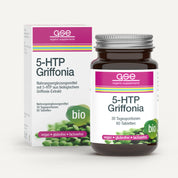 Das BIO 5-HTP Griffonia von gse.organic.supplements enthält 60 vegane, gluten- und laktosefreie Tabletten aus afrikanischer Schwarzbohne zur Unterstützung der natürlichen Serotoninproduktion, verpackt in Weiß mit grünen und violetten Akzenten.