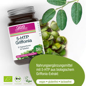 Eine Flasche BIO 5-HTP Griffonia von gse.organic.supplements wird neben grünen Griffonia-Samen und -Blättern präsentiert. Auf dem Etikett steht, dass das Produkt vegan, glutenfrei, laktosefrei und bio-zertifiziert ist.