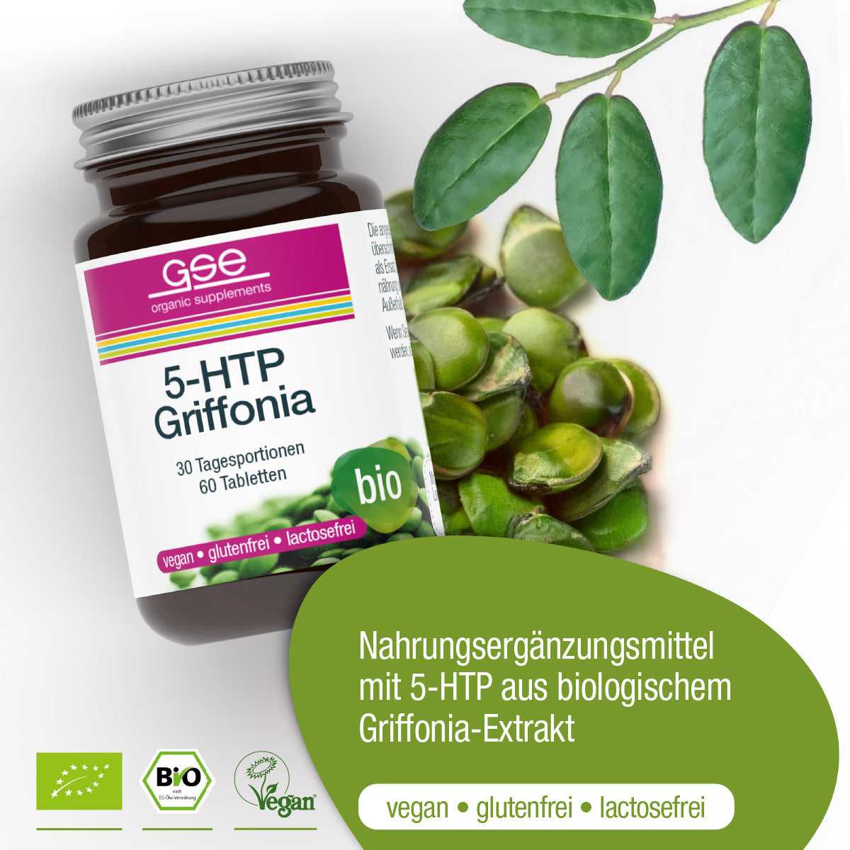 Eine Flasche 5-HTP Griffonia von gse.organic.supplements steht neben frischen Griffonia simplicifolia-Samen und einem grünen Blatt. Auf dem Etikett steht, dass es vegan, glutenfrei, laktosefrei und mit Bio-Extrakt zur Unterstützung von Serotonin hergestellt ist.