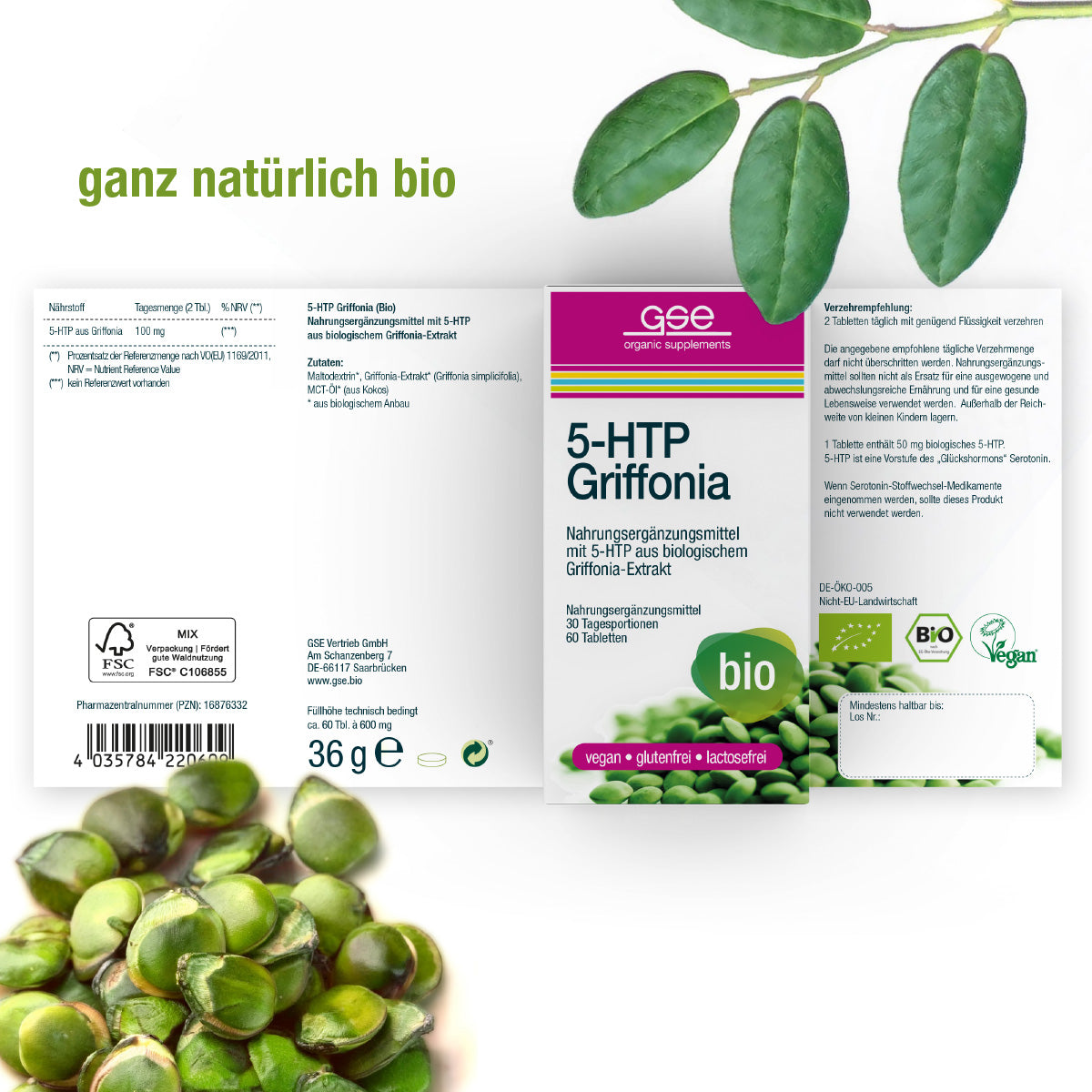 Das 5-HTP Griffonia von gse.organic.supplements hat eine Verpackung mit grünen Griffonia simplicifolia-Samen und -Blättern und ist laut Etikett vegan, glutenfrei, laktosefrei, biologisch, bio-zertifiziert und unterstützt das Serotonin-Gleichgewicht.