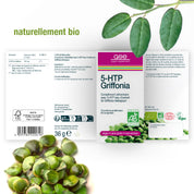 Vorder- und Rückseite der Verpackung von gse.organic.supplements 5-HTP Griffonia mit grünen Griffonia-Samen und -Blättern, veganen, biologischen und glutenfreien Etiketten, sowie französischem Text über natürliches Serotonin und Produktinhaltsstoffe.