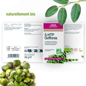 Die Verpackung von gse.organic.supplements 5-HTP Griffonia zeigt grüne Griffonia simplicifolia-Samen, einen grünen Zweig, die Logos der AB- und der Vegan-Zertifizierung sowie einen französischen Text, der auf die positiven Auswirkungen auf das Serotonin hinweist.